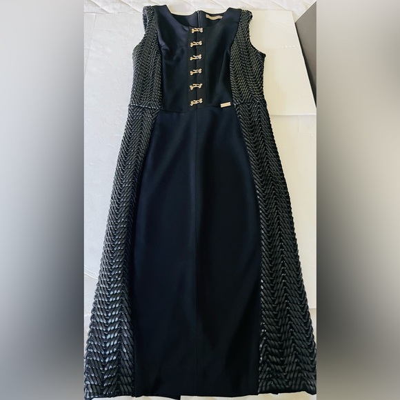 Euroka black pencil dress gold metal hook & eye front braided leather accent US4 - Picture 11 of 16